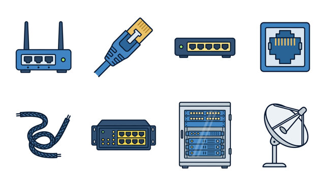 Colorful flat design network and communication devices icons.