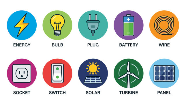 Colorful icons representing various energy and electrical symbols.