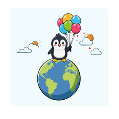 Fototapeta premium Cartoon child holding globe and balloons