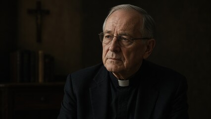 Obraz premium Elderly priest wearing clerical collar sitting in dark chapel