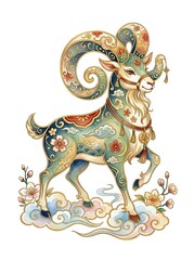 Fototapeta premium Ornate decorative goat with intricate floral patterns, gold accents, and traditional folk art design isolated on white background for clipart and design use.
