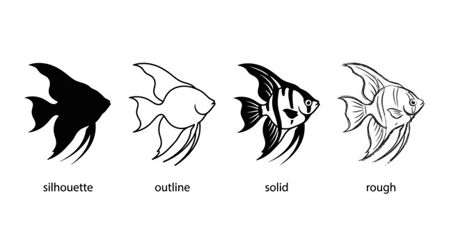 Comparative angelfish art styles: silhouette, outline, solid, and rough sketch variations
