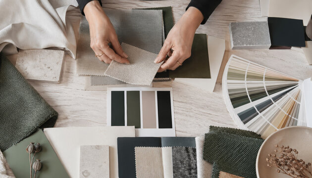 Hands selecting fabric swatches and color palettes for design project
