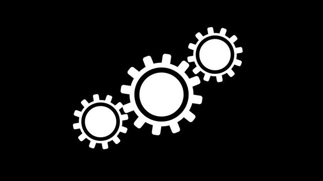 Minimalist white gears rotating animation seamlessly looping on black background for industry business teamwork engineering and mechanical process concept