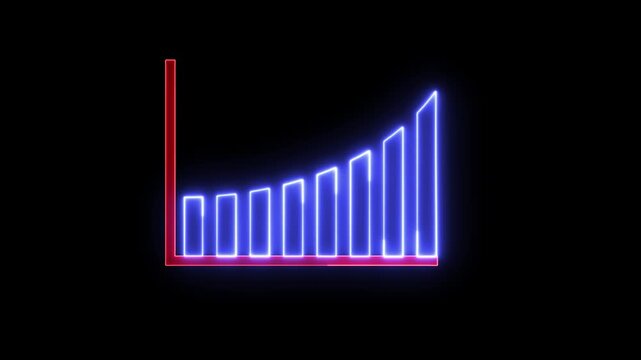 Neon glowing business bar chart animation with blue and red lines growing upward seamlessly looping on black background for finance success and economy growth concept