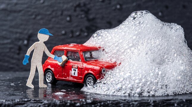 Paper figure in blue cap washes a miniature red rally car buried in massive soap suds. It conveys careful maintenance, detailing, and tackling overwhelmingly large cleaning tasks.