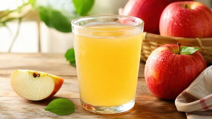 Fototapeta premium Glass of apple juice sitting on wooden kitchen table