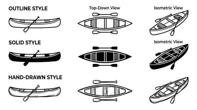 Various canoe designs displayed in outline, solid, and hand-drawn styles with multiple views