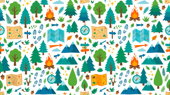 Seamless forest adventure pattern with maps and campfires for outdoor enthusiasts