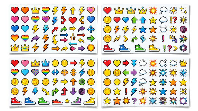 Colorful emoji set with crowns, hearts, and lightning in pop art style