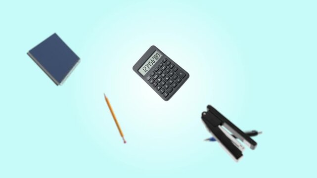Levitating desk accessories with calculator and stapler on cyan gradient background