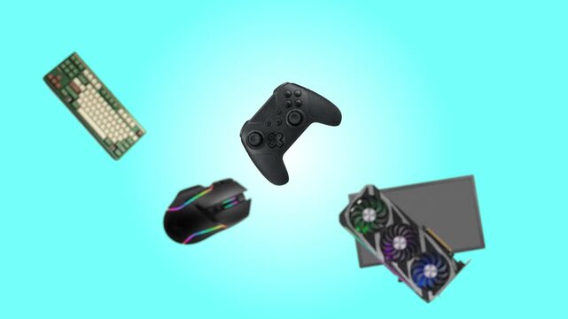 Flying gaming peripherals featuring controller and mouse on cyan gradient background