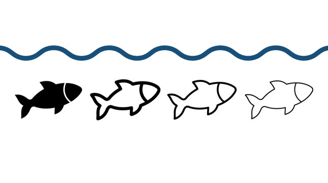 Simple line fish icons with water wave