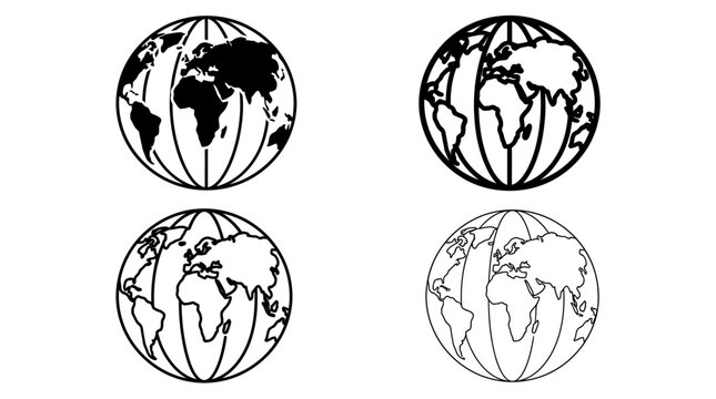 Set of black and white globes with earth continents in outline and silhouette styles