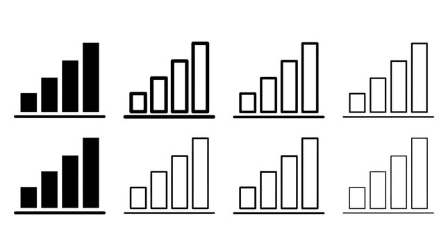Set of bar chart icons in linear and silhouette styles for data analysis