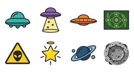 Colorful cartoon alien and space themed icons collection. © Ashiq
