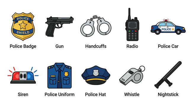 Collection of police equipment and uniform icons.