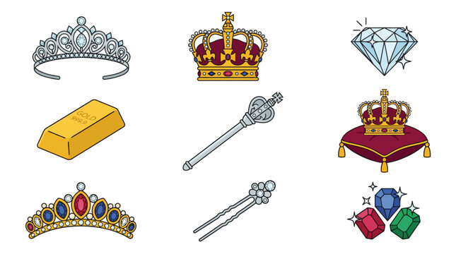 Collection of Royal Crowns Jewels and Luxury Symbols.