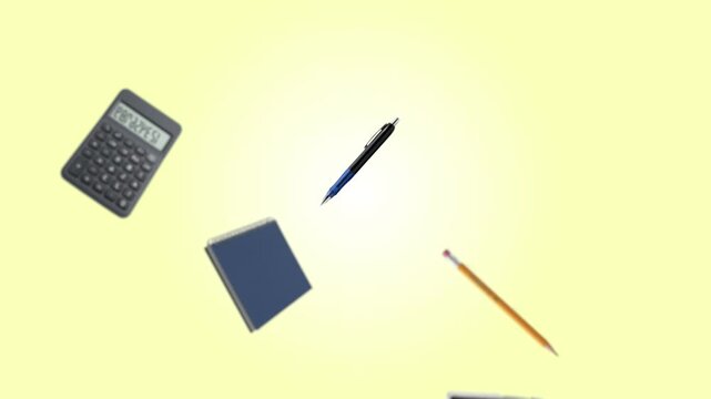Falling educational supplies with notebook and pen on yellow gradient background
