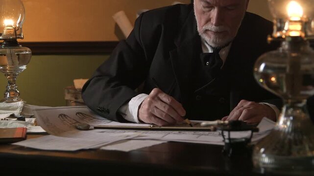 Shipwright marking a drawing and using a caliper