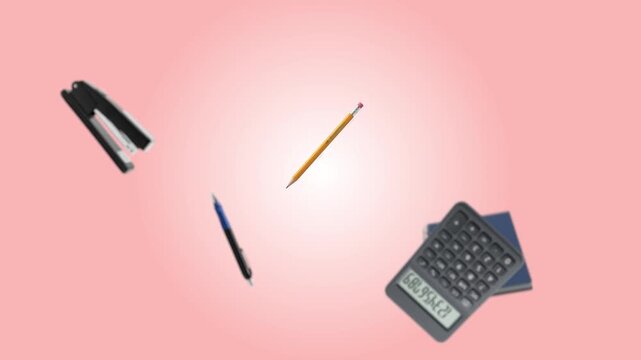 Levitating desk stationary with notebook and calculator on peach gradient background