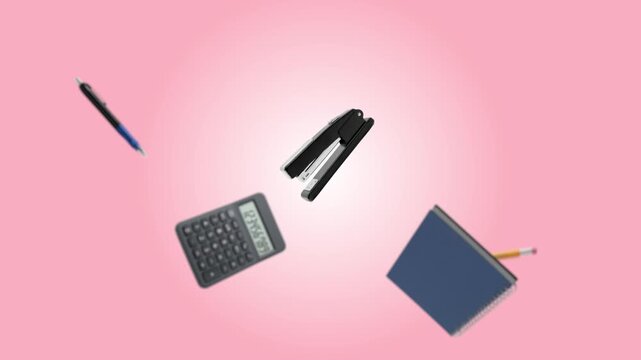 Falling office stationary with calculator and stapler on pink gradient background
