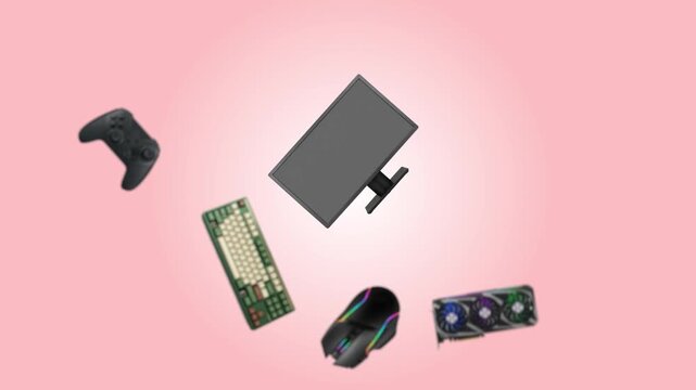 Floating computer hardware featuring monitor and RAM on peach gradient background