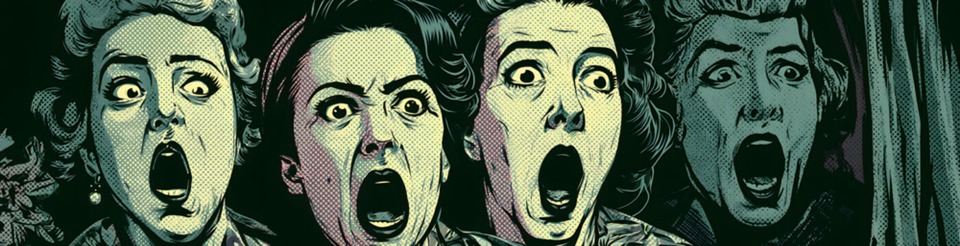 Vector graphics of vintage women from the 1950s, expressing fear, ideal for Halloween and grunge styles