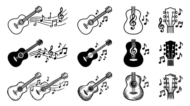 Music notes and acoustic guitar sketch collection in black and white