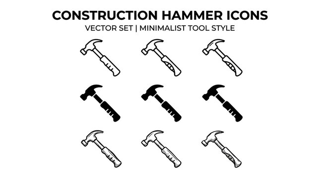 Minimalist construction hammer icons in a simple tool style set