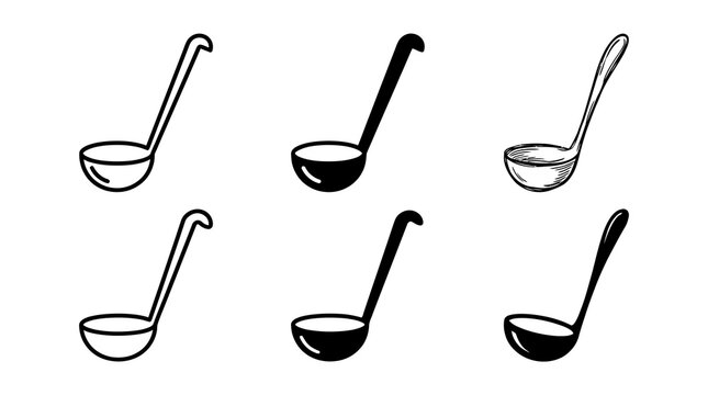 Set of six different ladle designs in black and white on white background