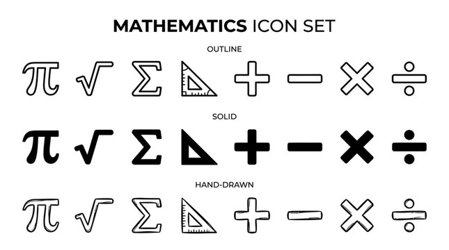 Mathematics icon set featuring outline, solid, and hand-drawn styles