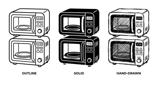 Set of microwave designs: outline, solid, and hand-drawn variations