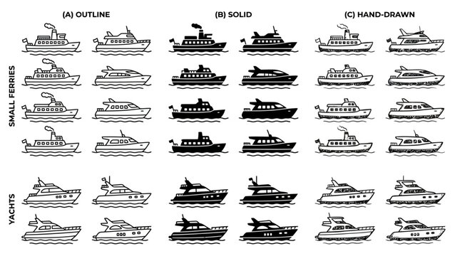 Comparison of small ferries and yachts in outline, solid, and hand-drawn styles