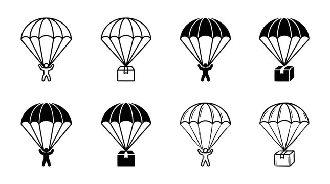 Minimalist parachute icons featuring people and packages in outline style