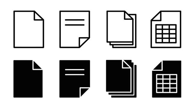 Document icon set: simple black and white symbols for text and spreadsheet files