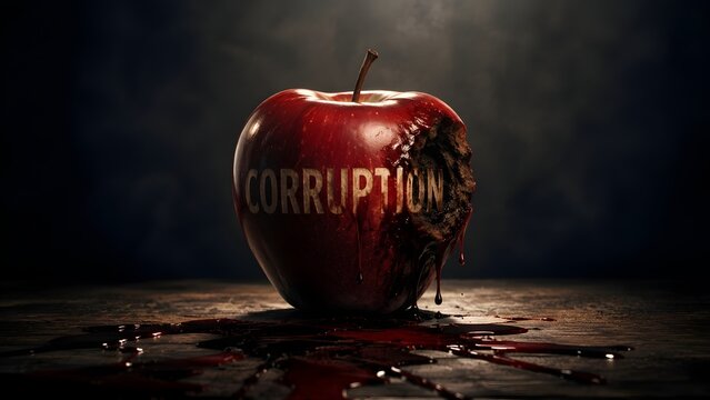 Rotten red apple with a bite mark and the word corruption carved into the decaying flesh, symbolizing fraud, sin, and moral decay