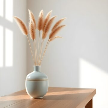 A bright minimalist still-life featuring a white vase filled with fluffy pampas grass illuminated by natural sunlight. Window shadows cast across the wall add depth and warmth, enhancing the simple ye
