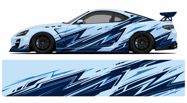 Blue and white racing car design.