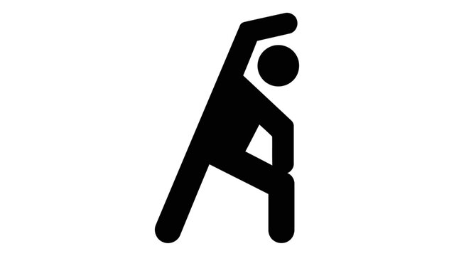 A minimalist black silhouette icon depicting a person in a side stretching pose, suitable for fitness apps, gym signage,