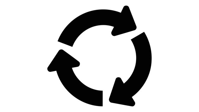 A simple black icon featuring three arrows arranged in a circular, clockwise motion, commonly used to represent recyclin