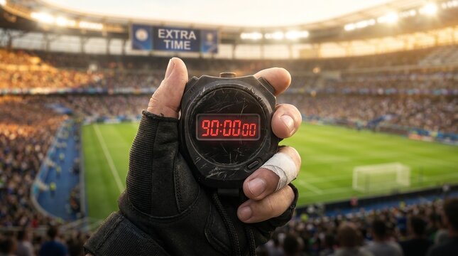 A stopwatch held by a gloved hand shows 90:00, indicating the end of a soccer match in a packed stadium