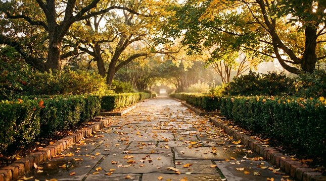 An elegant tree-lined path with stone tiles, bordered by manicured hedges and fallen leaves, bathed in warm autumn sunlight