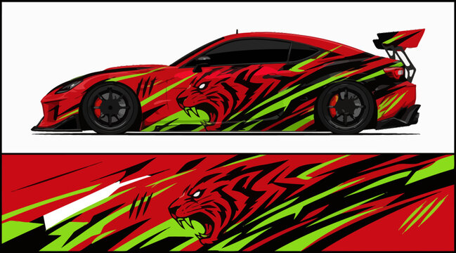 Red sports car with racing stripes.