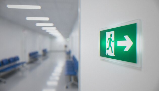 An emergency exit sign mounted on a white wall in a modern, blurred hospital hallway with rows of empty blue seating.