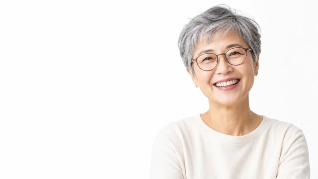 Senior woman smiling in bright studio portrait white background