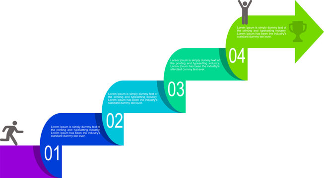 Colorful winding steps infographic template representing business progression, horizontal wavy ribbon timeline from start to final success with a trophy, step by step process chart with numbers