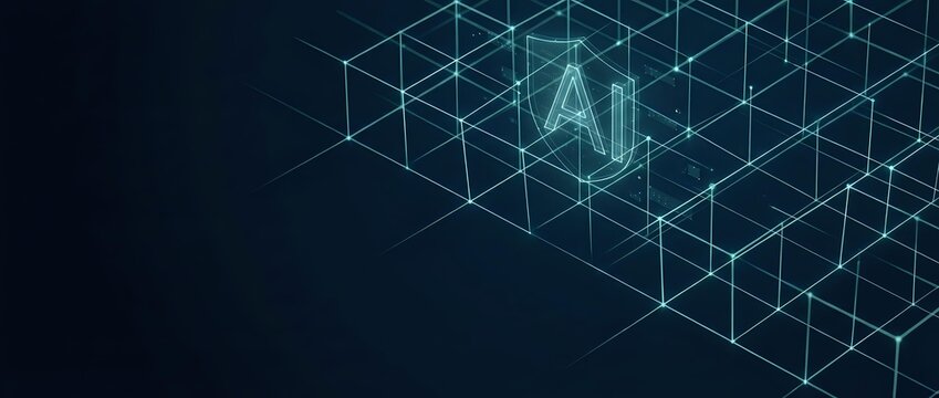 Glowing AI symbol emerging from geometric wireframe grid on dark blue background, representing artificial intelligence, technology innovation, and digital transformation for business applications.