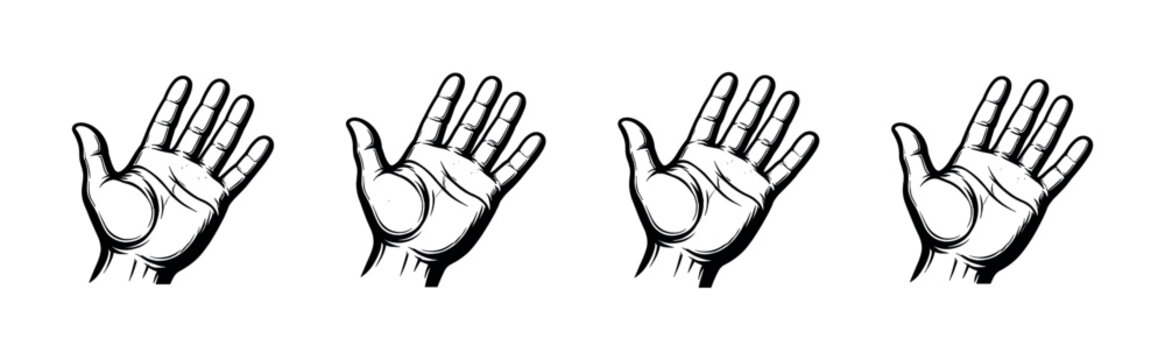 Four open hands with fingers spread in a welcoming gesture