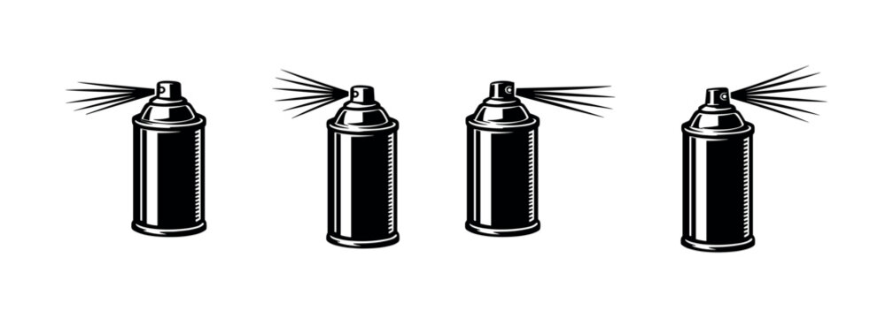 Four black spray paint cans spraying in a row on a white background